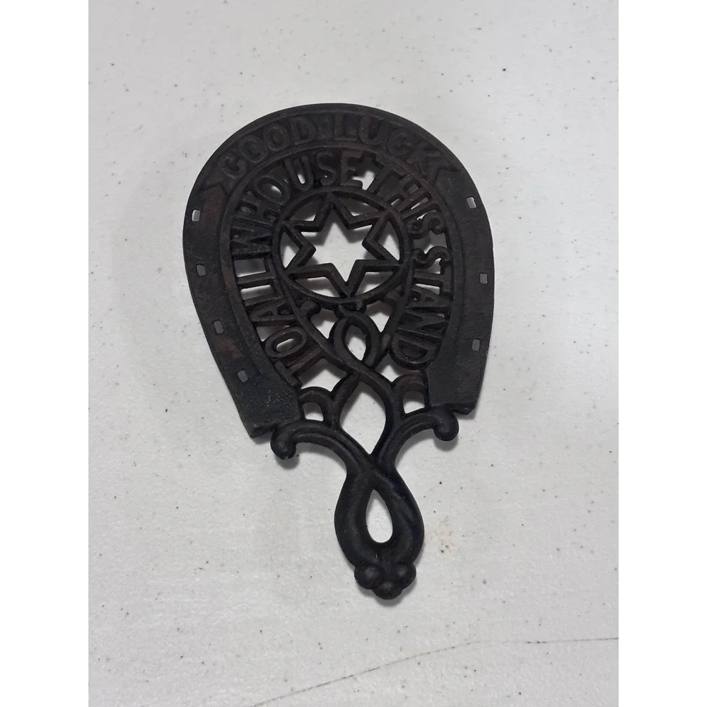 Vintage Cast Iron Horseshoe Trivet Good Luck To All Who Use This Stand Black